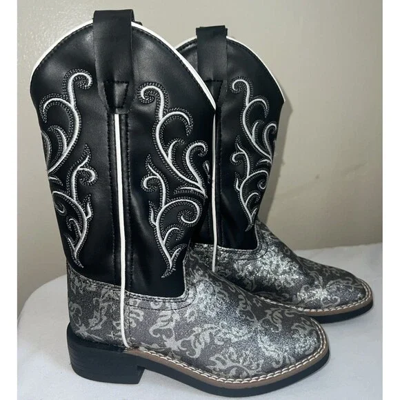 OLD WEST KIDS SQUARE TOE BLACK METALLIC SILVER BOOTS SIZE 11 - Picture 2 of 14